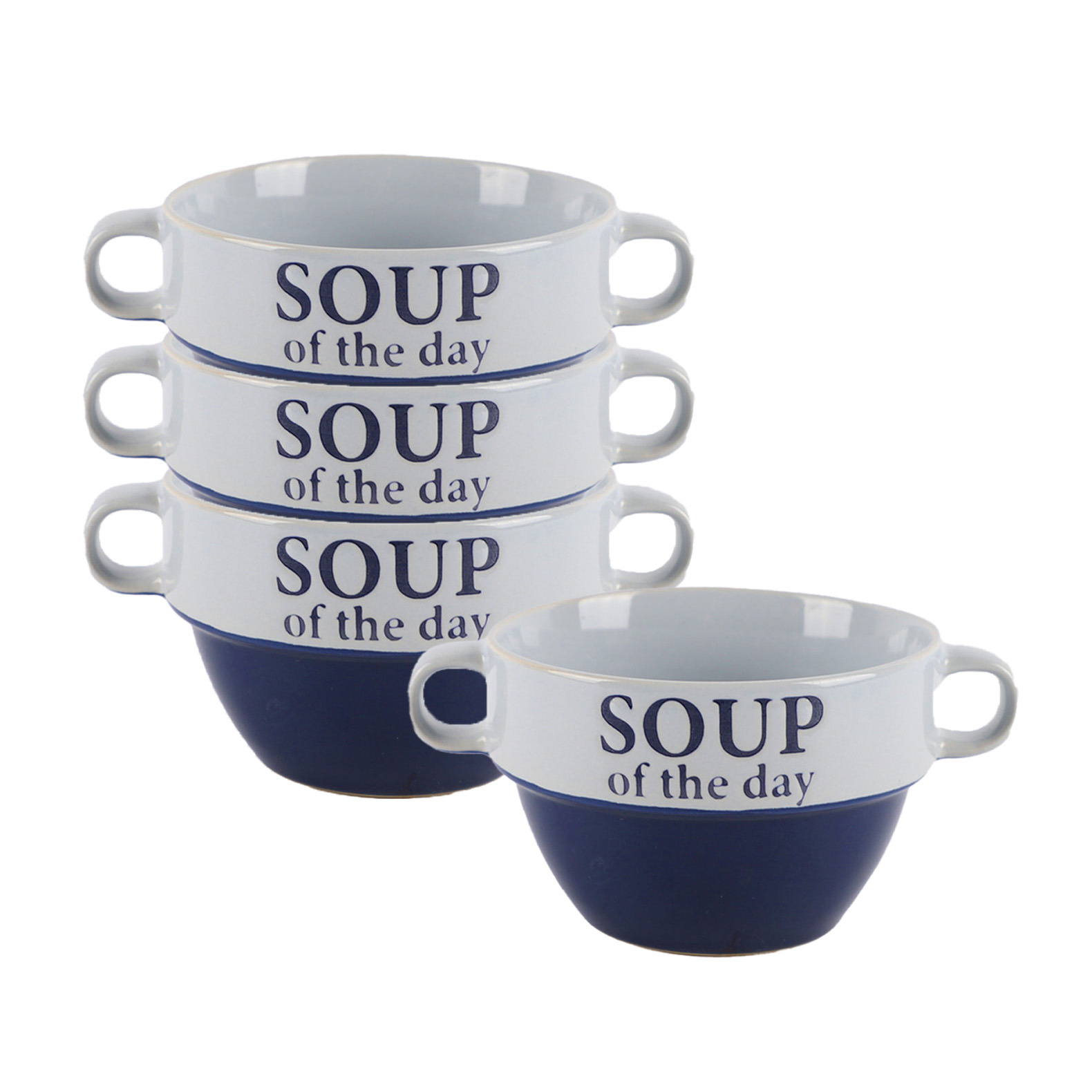 Bellatio Design Soepkommen - 4x - Soup of the day - keramiek - D12 x H8 cm - blauw - Stapelbaar -