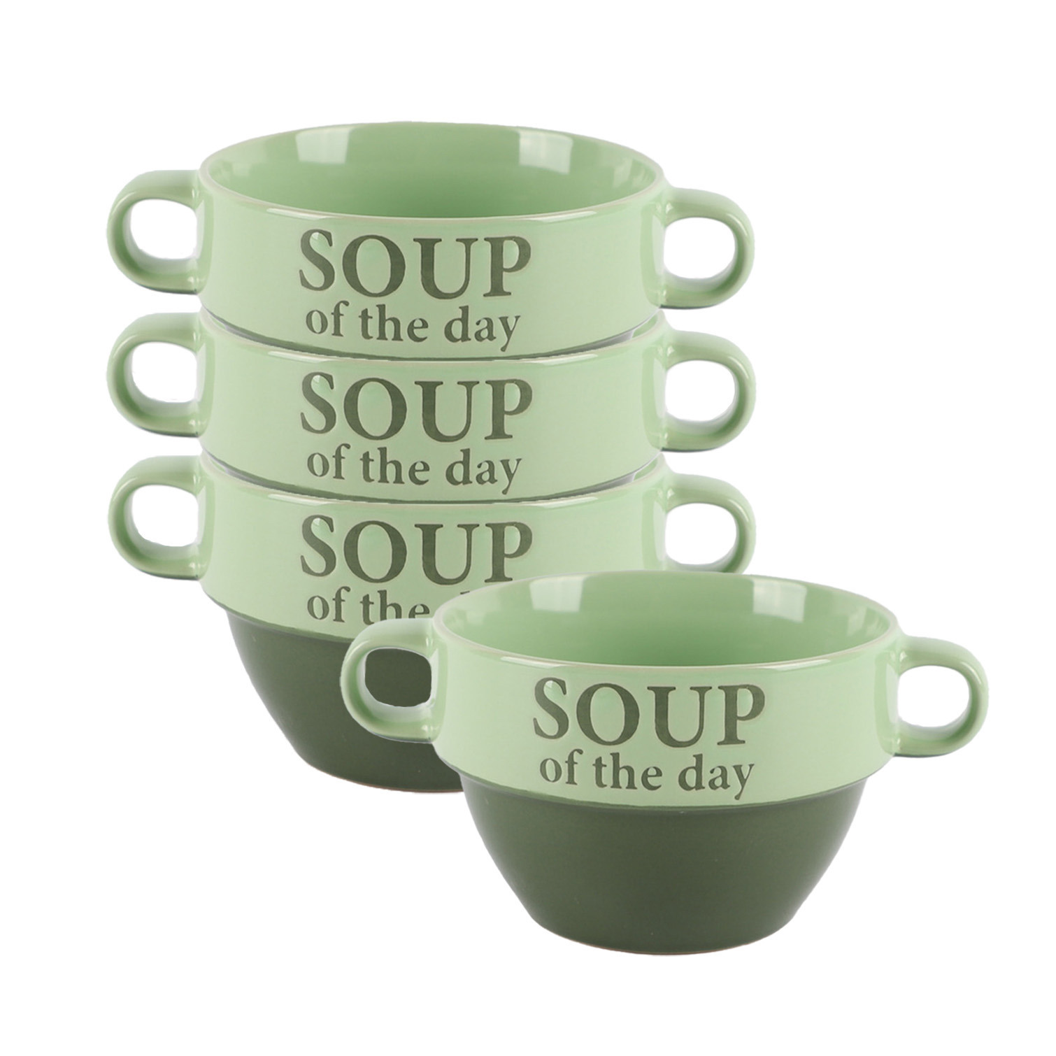 Bellatio Design Soepkommen - 4x - Soup of the day - keramiek - D12 x H8 cm - groen - Stapelbaar -