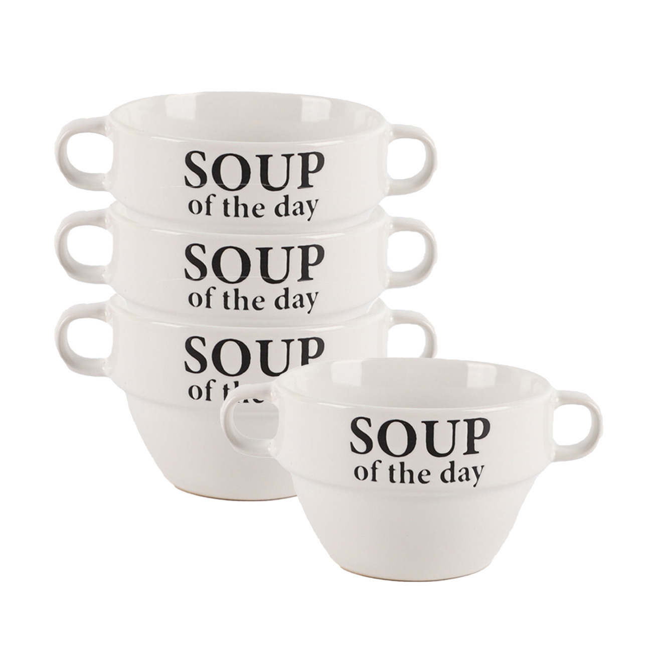 Bellatio Design Soepkommen - 4x - Soup of the day - keramiek - D12 x H8 cm - wit - Stapelbaar -