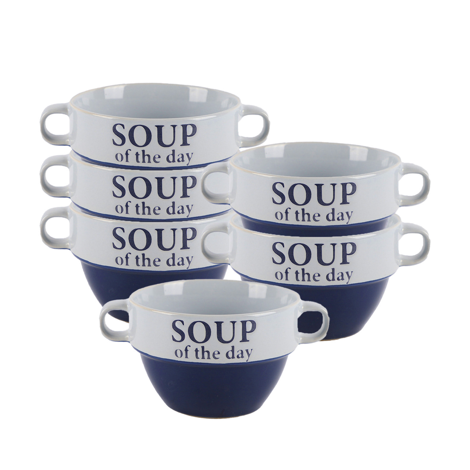 Bellatio Design Soepkommen - 6x - Soup of the day - keramiek - D12 x H8 cm - blauw - Stapelbaar -