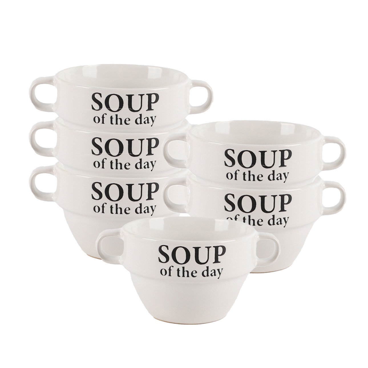 Bellatio Design Soepkommen - 6x - Soup of the day - keramiek - D12 x H8 cm - wit - Stapelbaar -