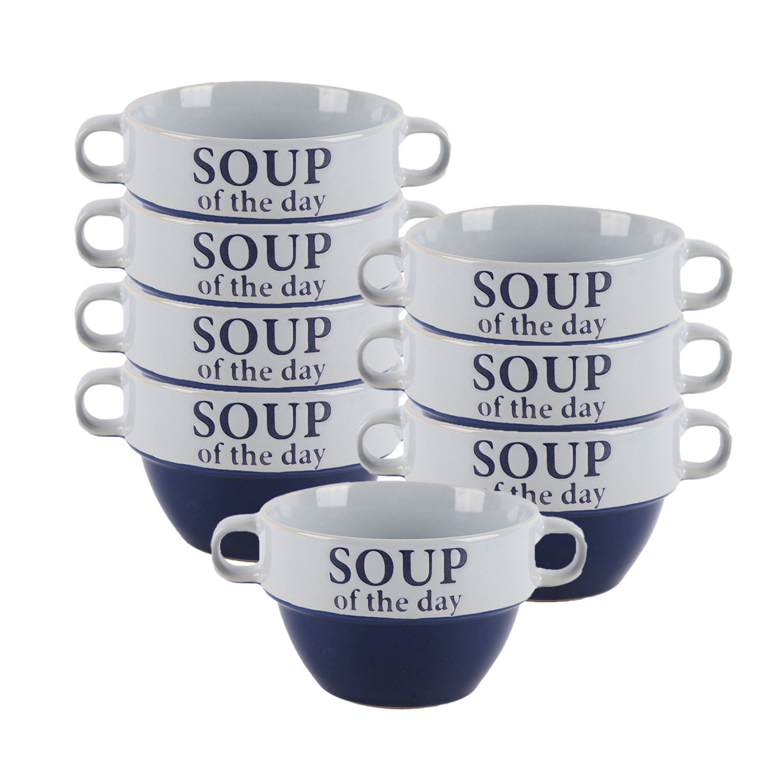 Bellatio Design Soepkommen - 8x - Soup of the day - keramiek - D12 x H8 cm - blauw - Stapelbaar -