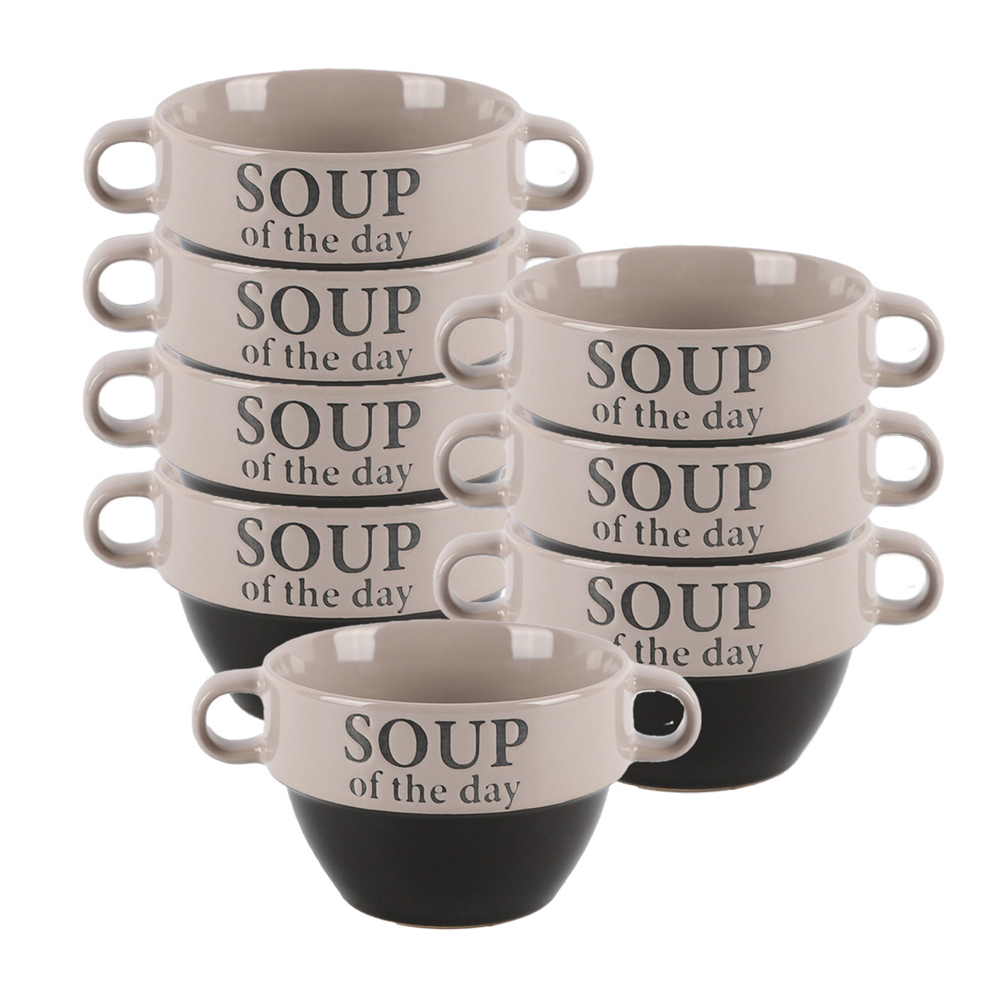 Bellatio Design Soepkommen - 8x - Soup of the day - keramiek - D12 x H8 cm - grijs - Stapelbaar -