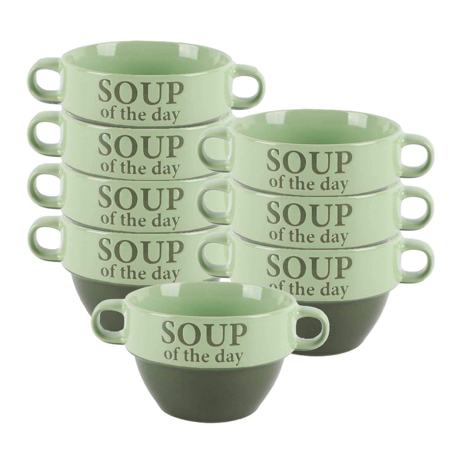 Bellatio Design Soepkommen - 8x - Soup of the day - keramiek - D12 x H8 cm - groen - Stapelbaar -