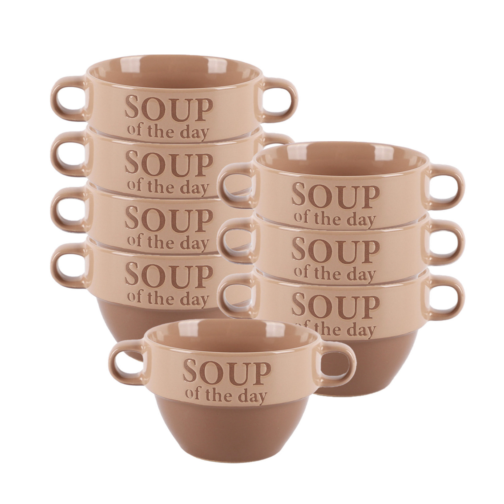 Bellatio Design Soepkommen - 8x - Soup of the day - keramiek - D12 x H8 cm - terra/beige - Stapelbaa -