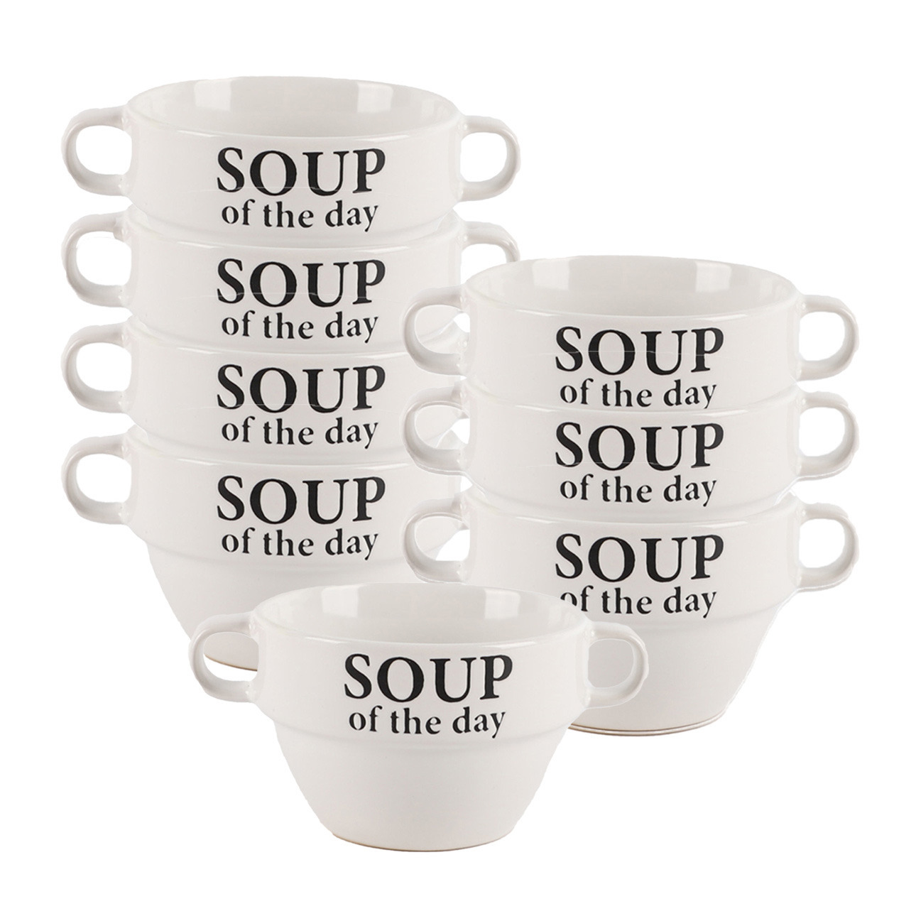 Bellatio Design Soepkommen - 8x - Soup of the day - keramiek - D12 x H8 cm - wit - Stapelbaar -