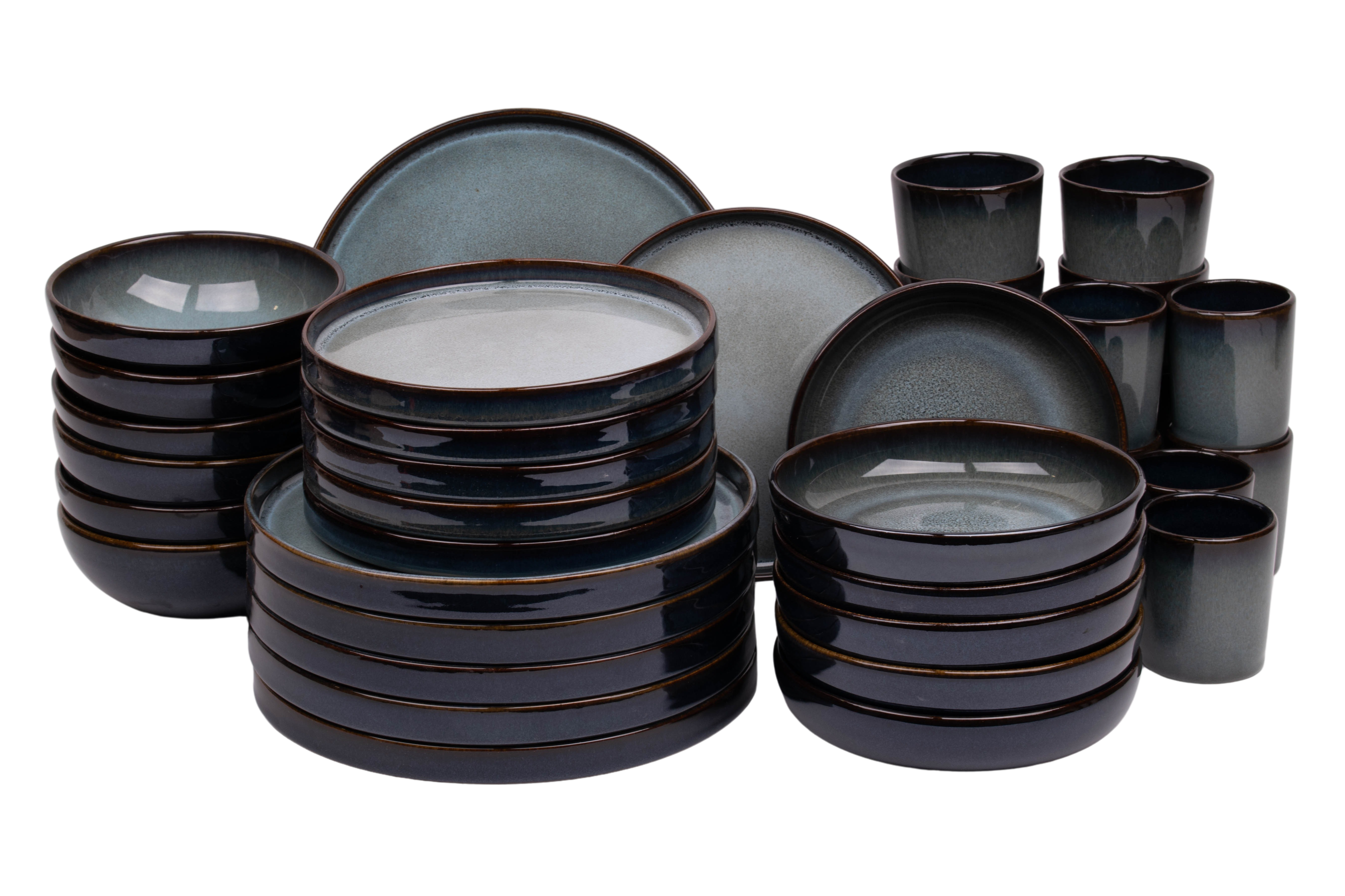 Kade 171 36 delige serviesset - 6 persoons - Porto - blauw met groen - rechtopstaande rand - Portugees stoneware