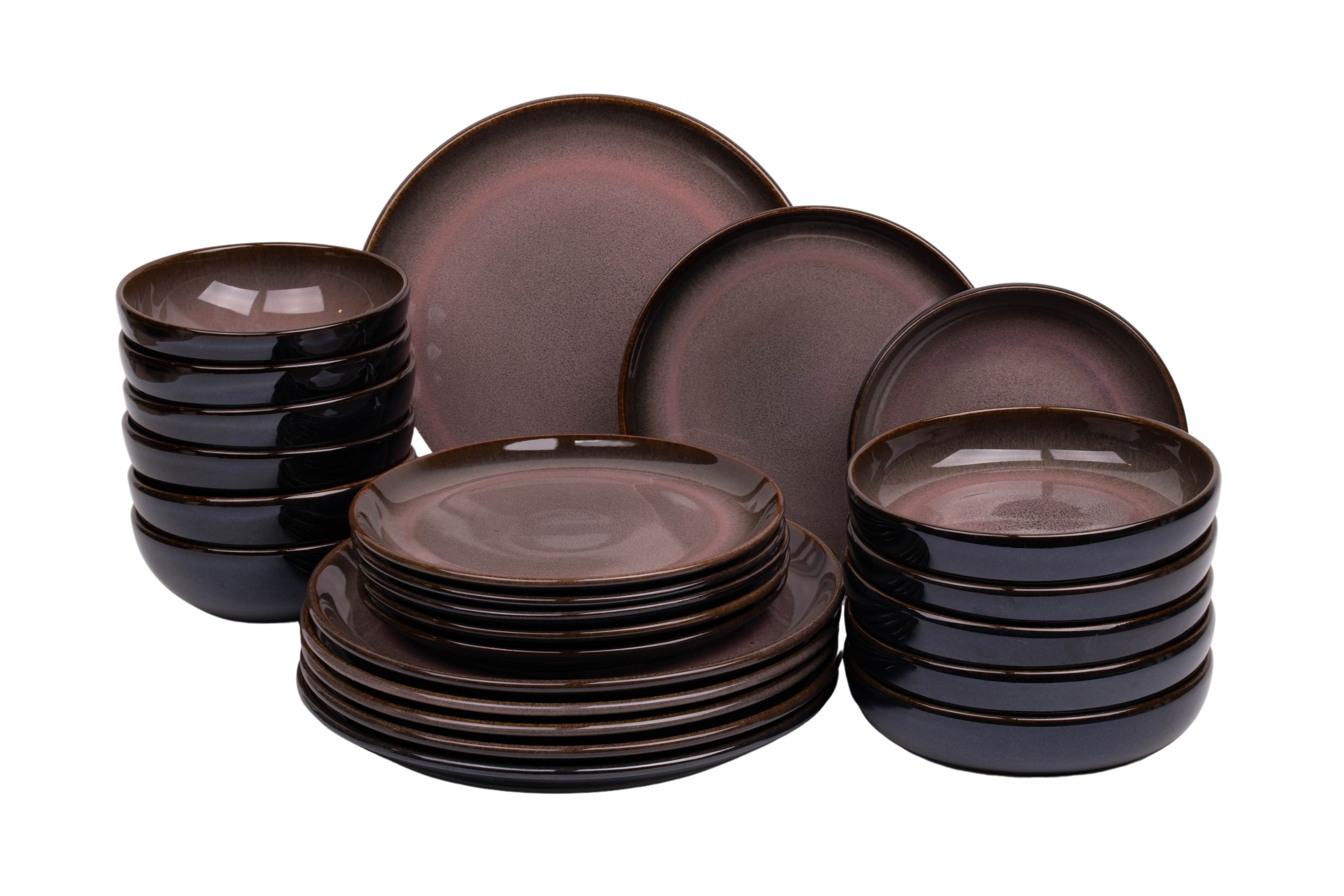 Kade 171 24 delige serviesset - 6 persoons - Vila Nova - roze met blauw - rechtopstaande rand - Portugees stoneware