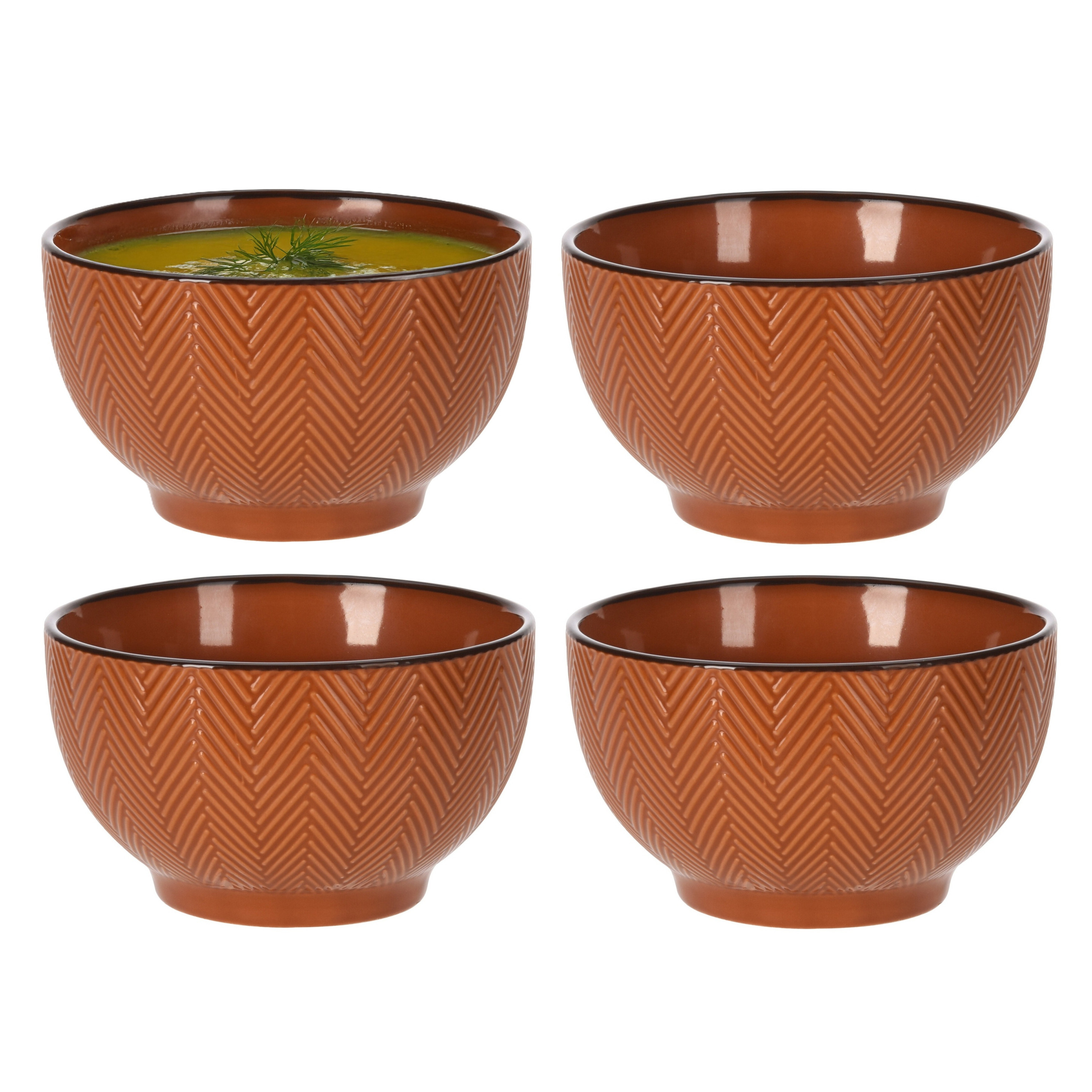 Siaki Soepkom Fishbone - 4x - terra - 14 x 8 cm - keramiek - kommetjes - 680 ml -