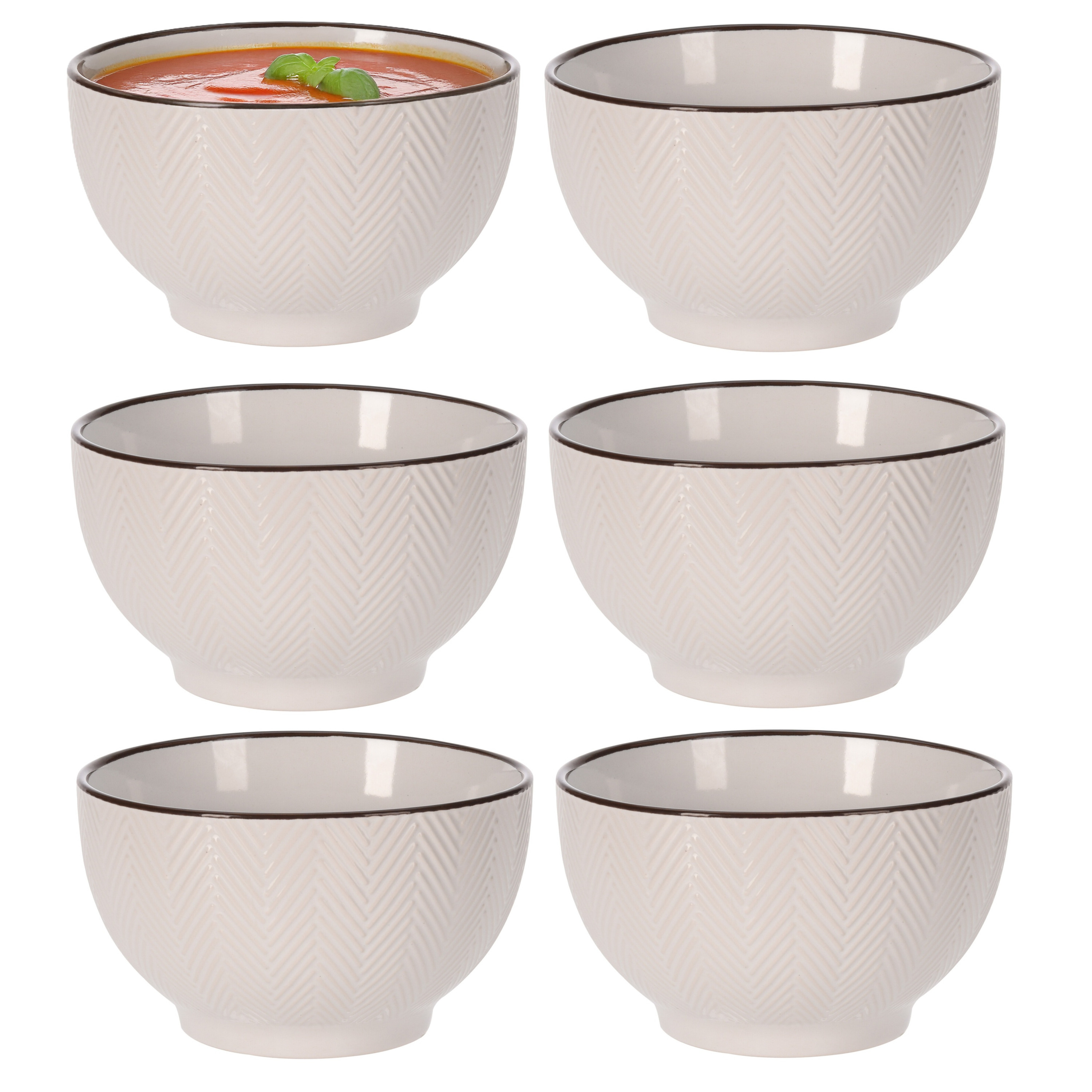 Siaki Soepkom Fishbone - 6x - beige - 14 x 8 cm - keramiek - kommetjes - 680 ml -