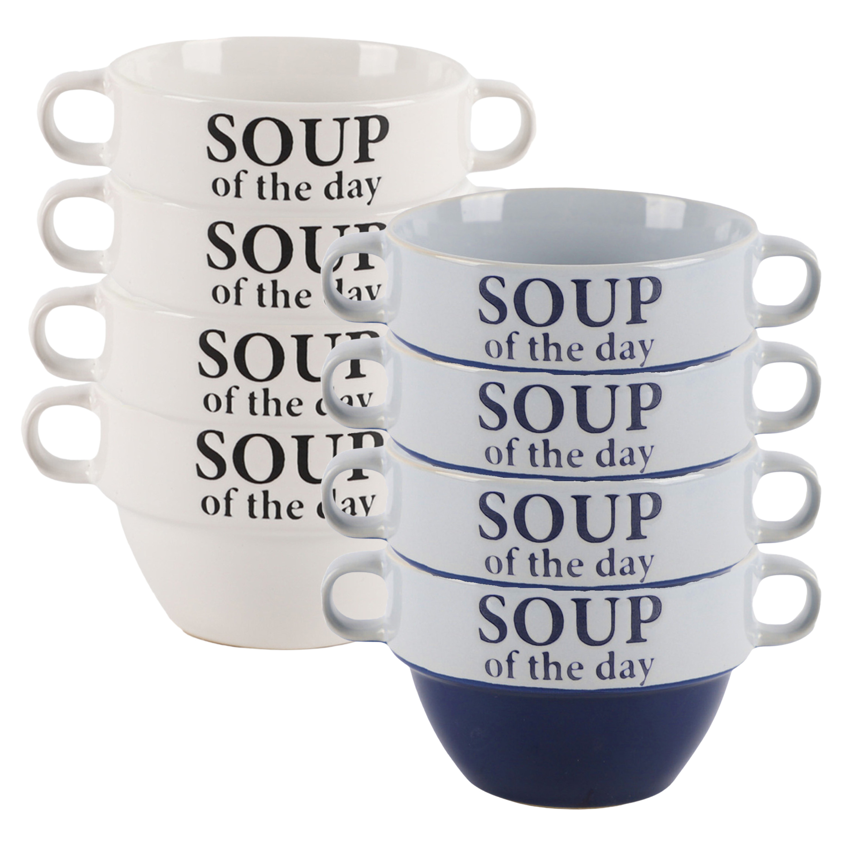Bellatio Design Soepkommen - 8x - Soup of the day - keramiek - D12 x H8 cm - blauw / wit -
