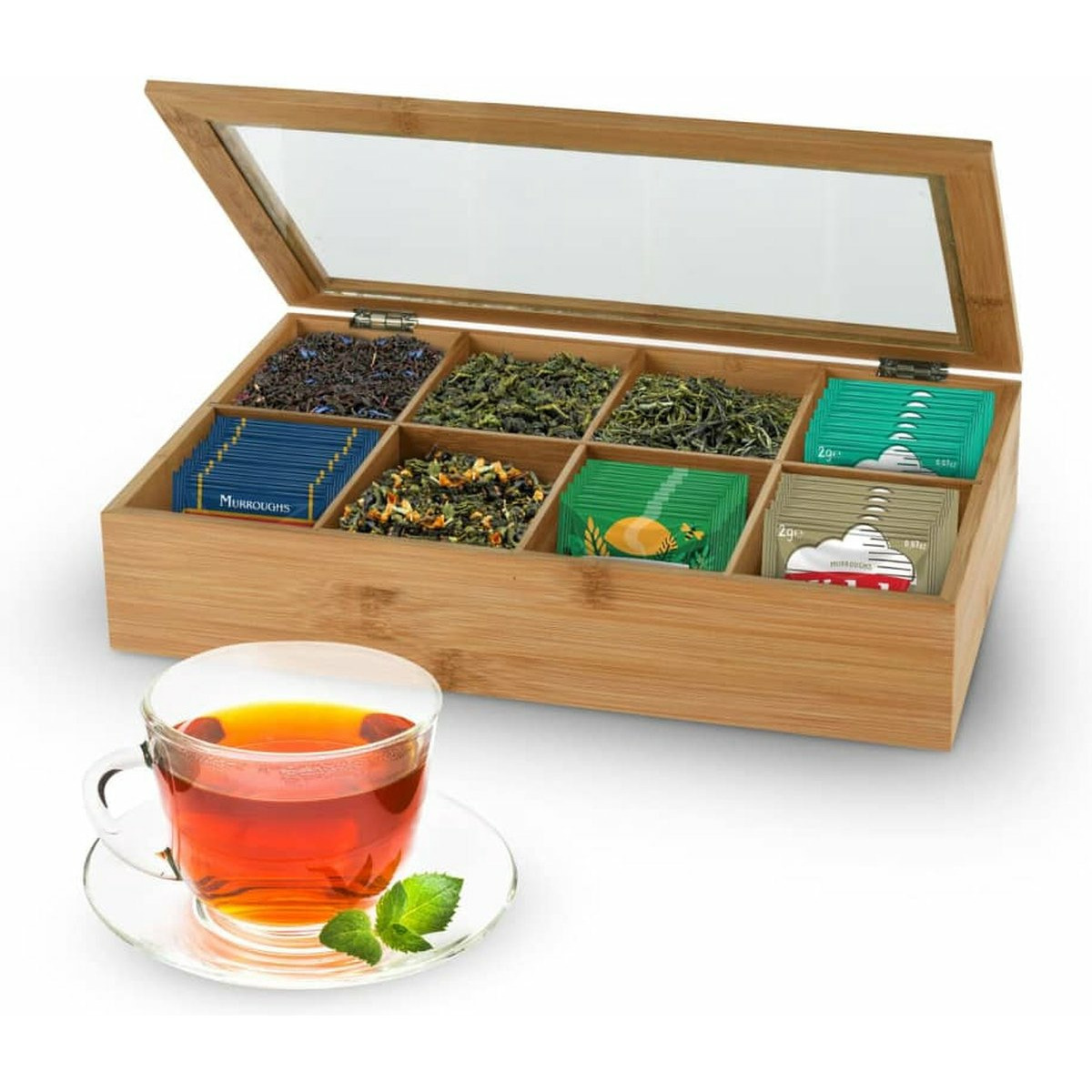 Excellent Houseware Theedoos/opbergdoos - 8-vaks - bamboe hout - 32 x 20 x 6,5 cm -