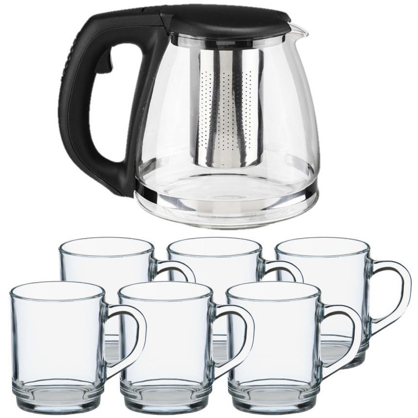 Merkloos Thee drink set - Glazen theepot met infuser - 1,2 liter - met 6x stuks theeglazen - van 260 ml -