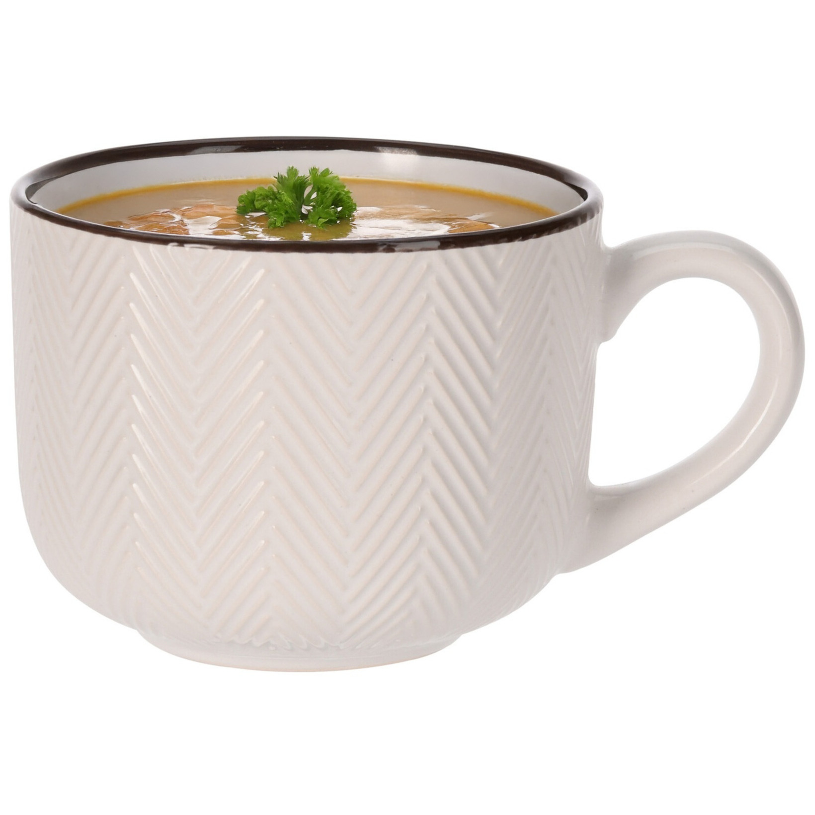 Siaki Soepkom Fishbone - cremewit - 12 x 9 cm - keramiek - kommetjes met oor - 560 ml -