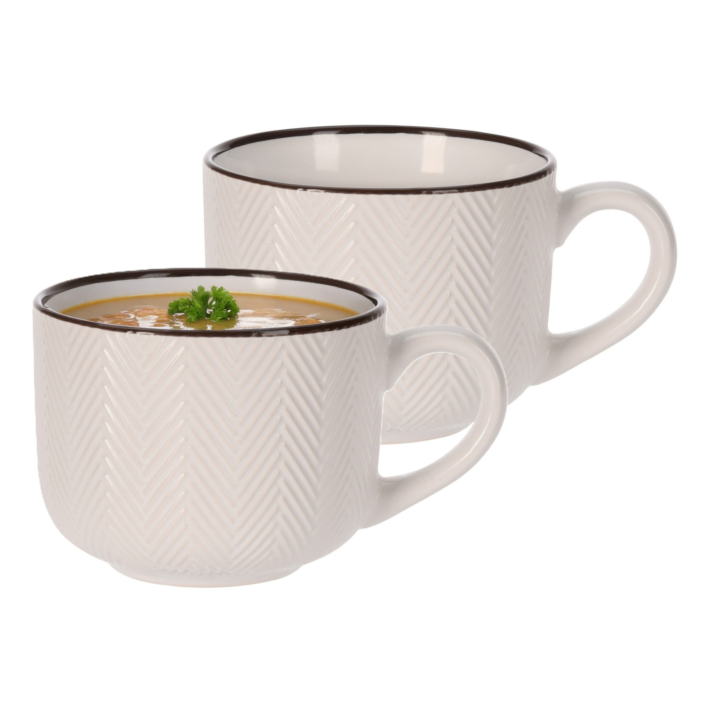 Siaki Soepkom Fishbone - 2x - cremewit - 12 x 9 cm - keramiek - kommetjes met oor - 560 ml -