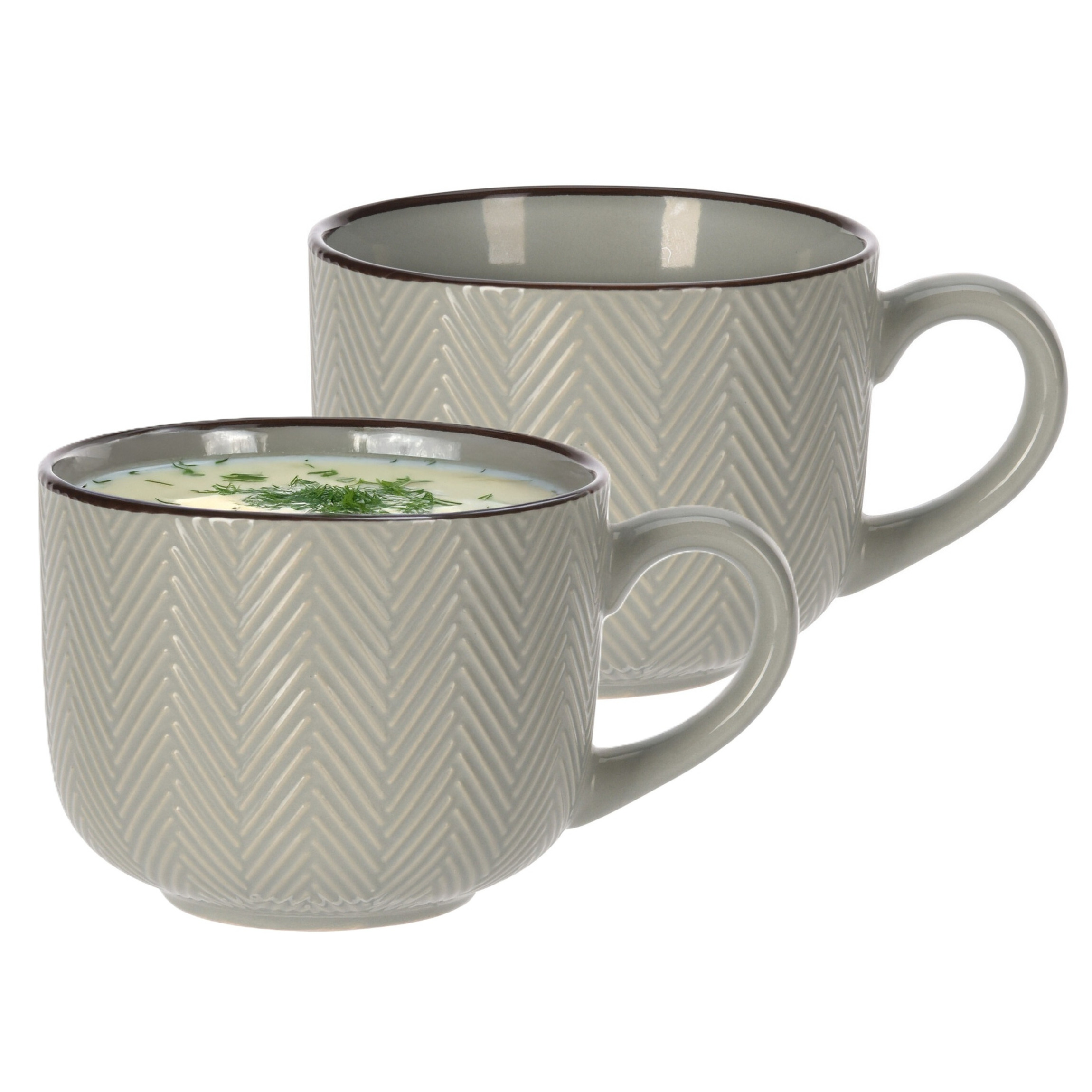 Siaki Soepkom Fishbone - 2x - lichtgrijs - 12 x 9 cm - keramiek - kommetjes met oor - 560 ml -