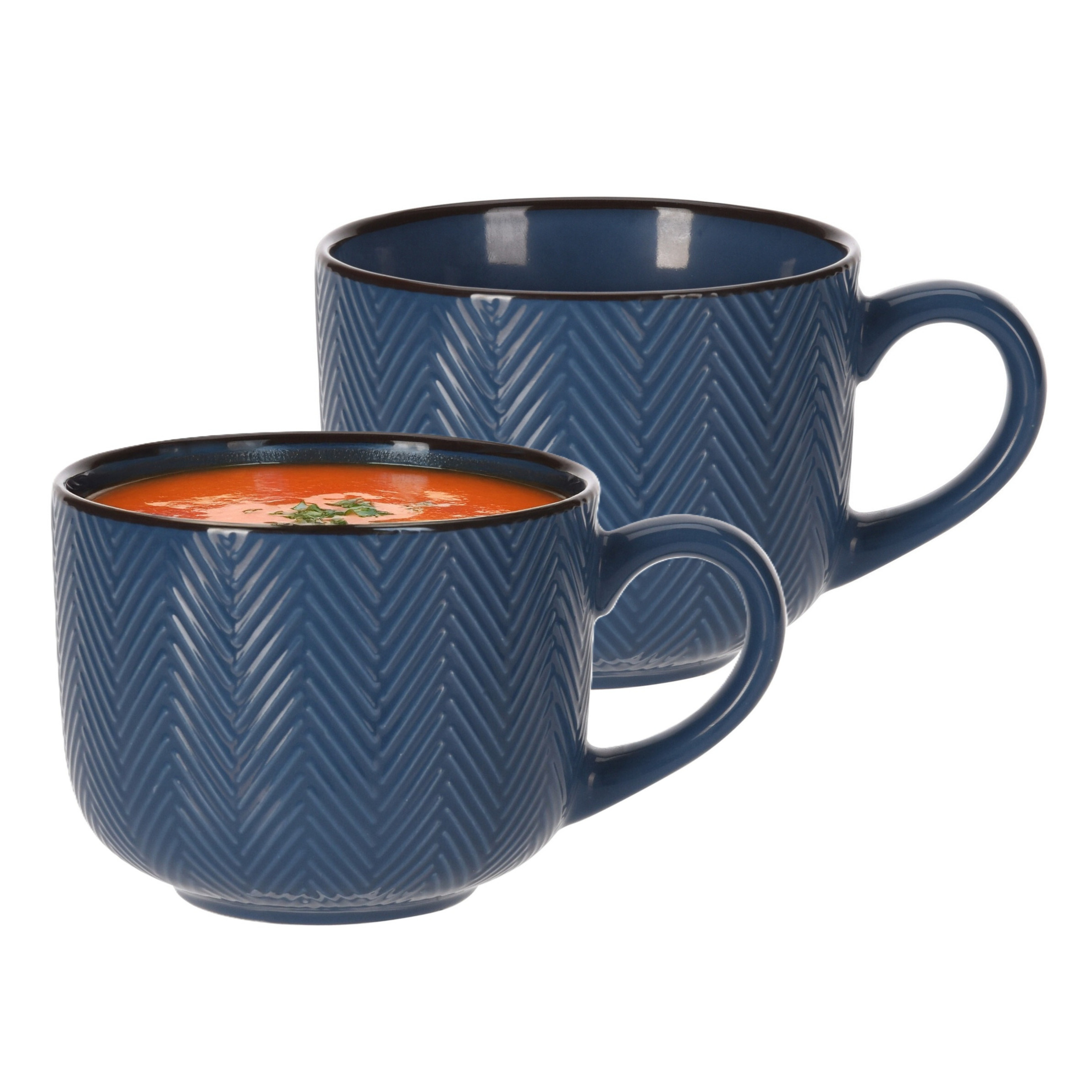 Siaki Soepkom Fishbone - 2x - blauw - 12 x 9 cm - keramiek - kommetjes met oor - 560 ml -