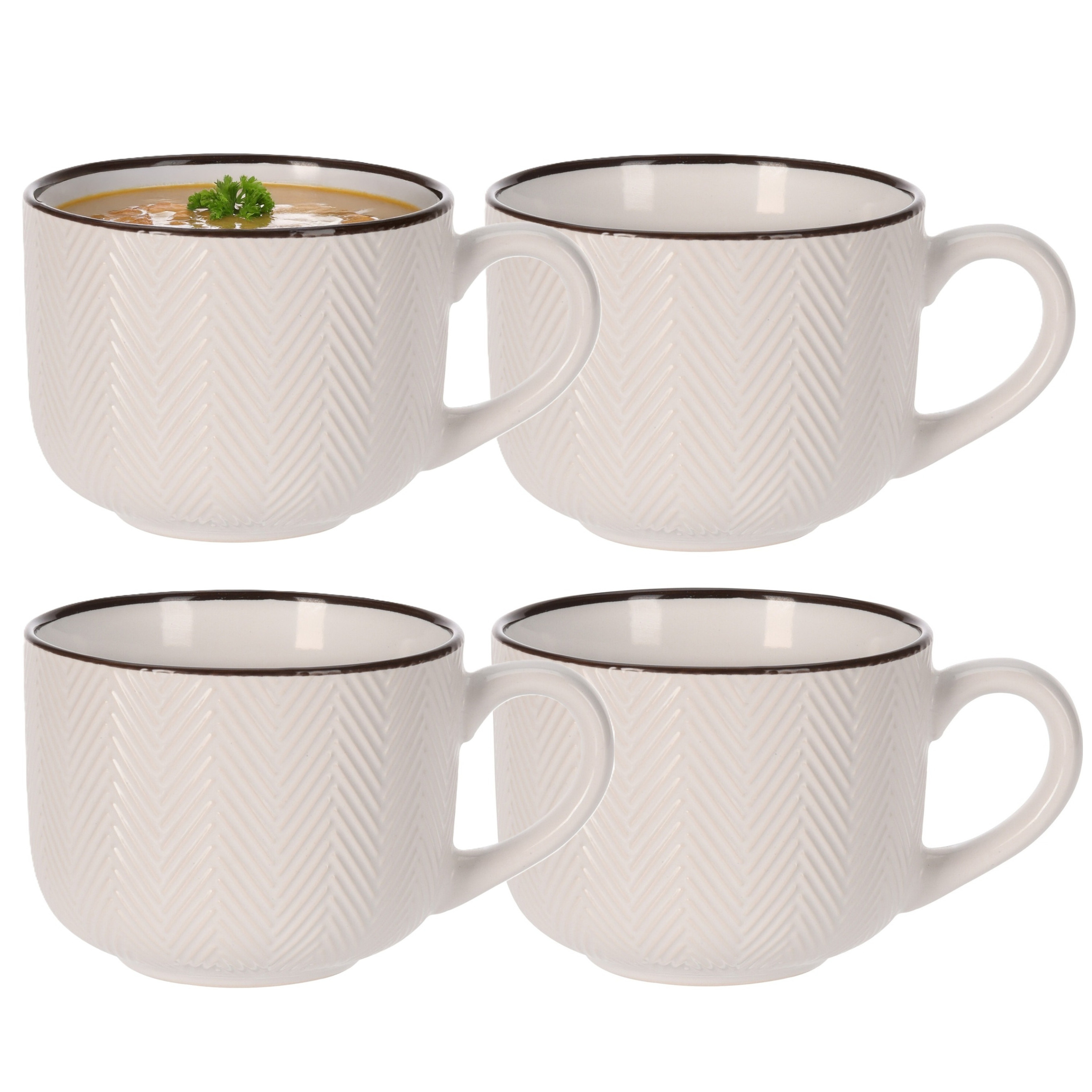 Siaki Soepkom Fishbone - 4x - cremewit - 12 x 9 cm - keramiek - kommetjes met oor - 560 ml -