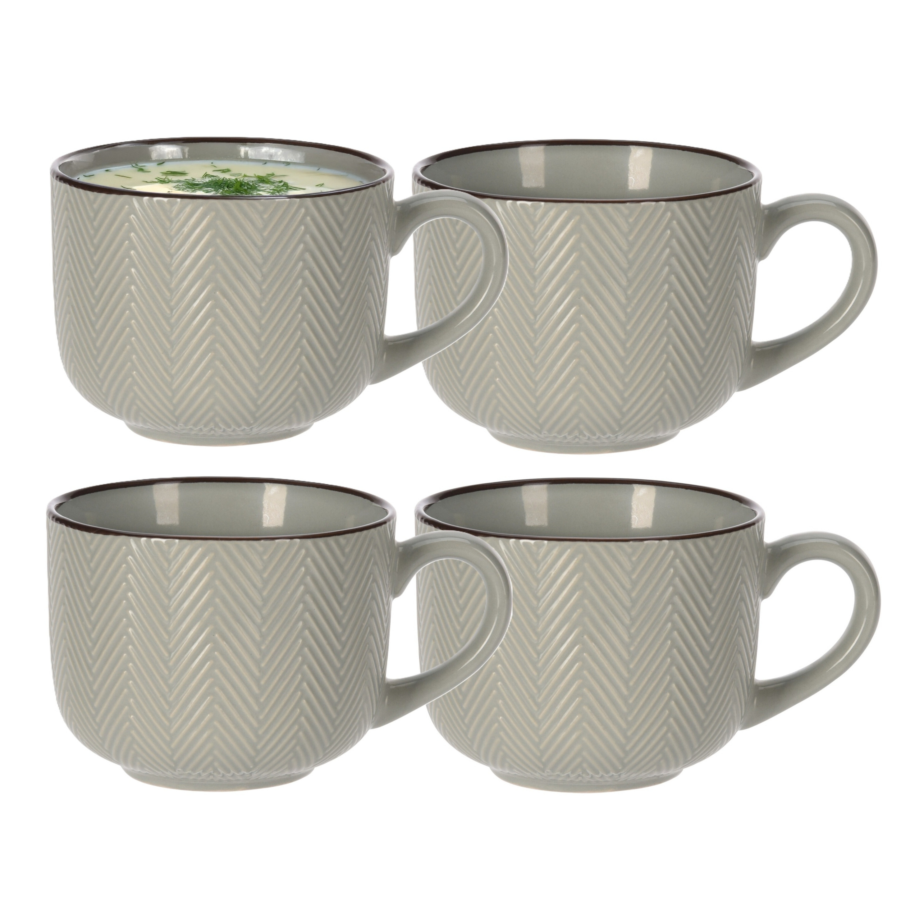 Siaki Soepkom Fishbone - 4x - lichtgroen - 12 x 9 cm - keramiek - kommetjes met oor - 560 ml -