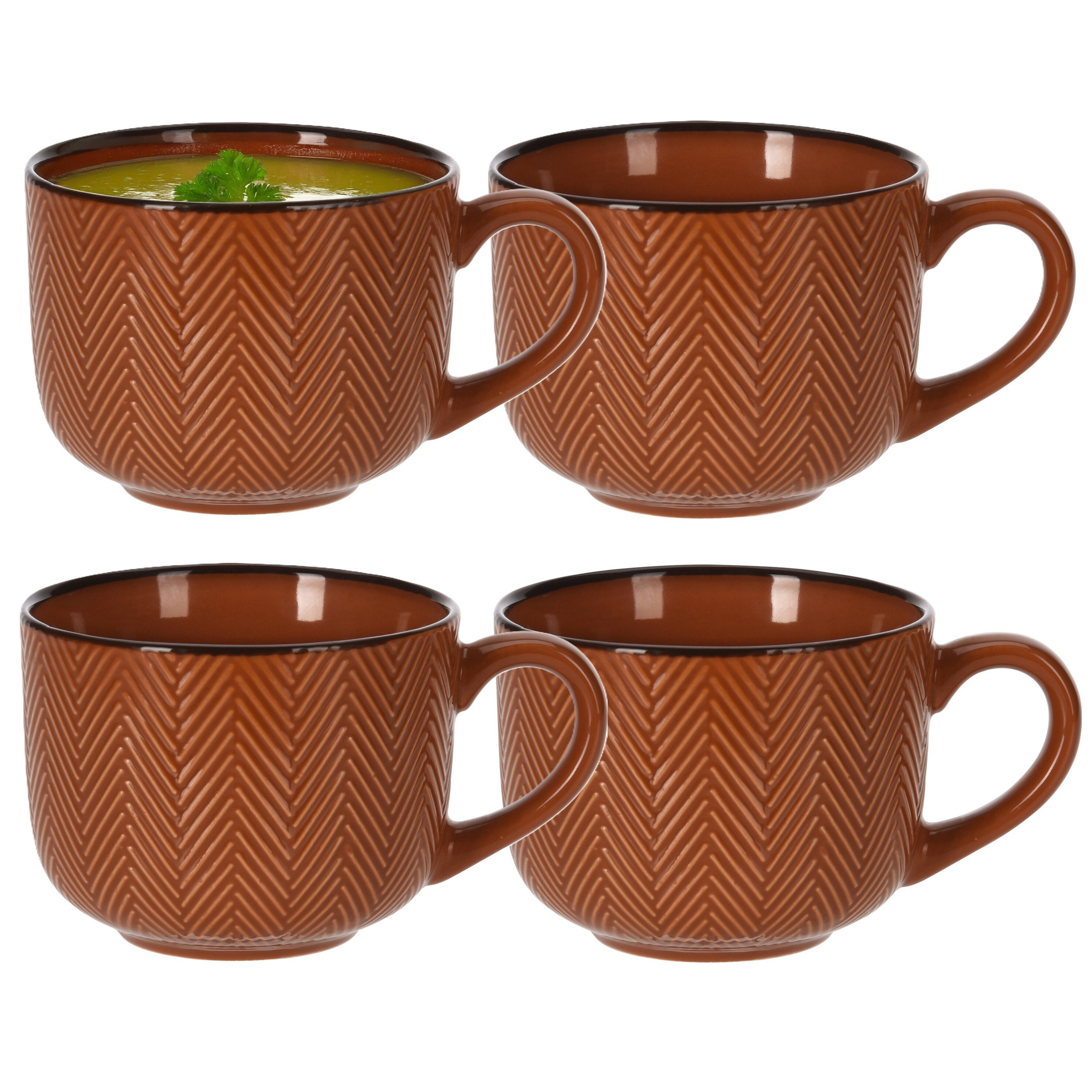 Siaki Soepkom Fishbone - 4x - terra - 12 x 9 cm - keramiek - kommetjes met oor - 560 ml -