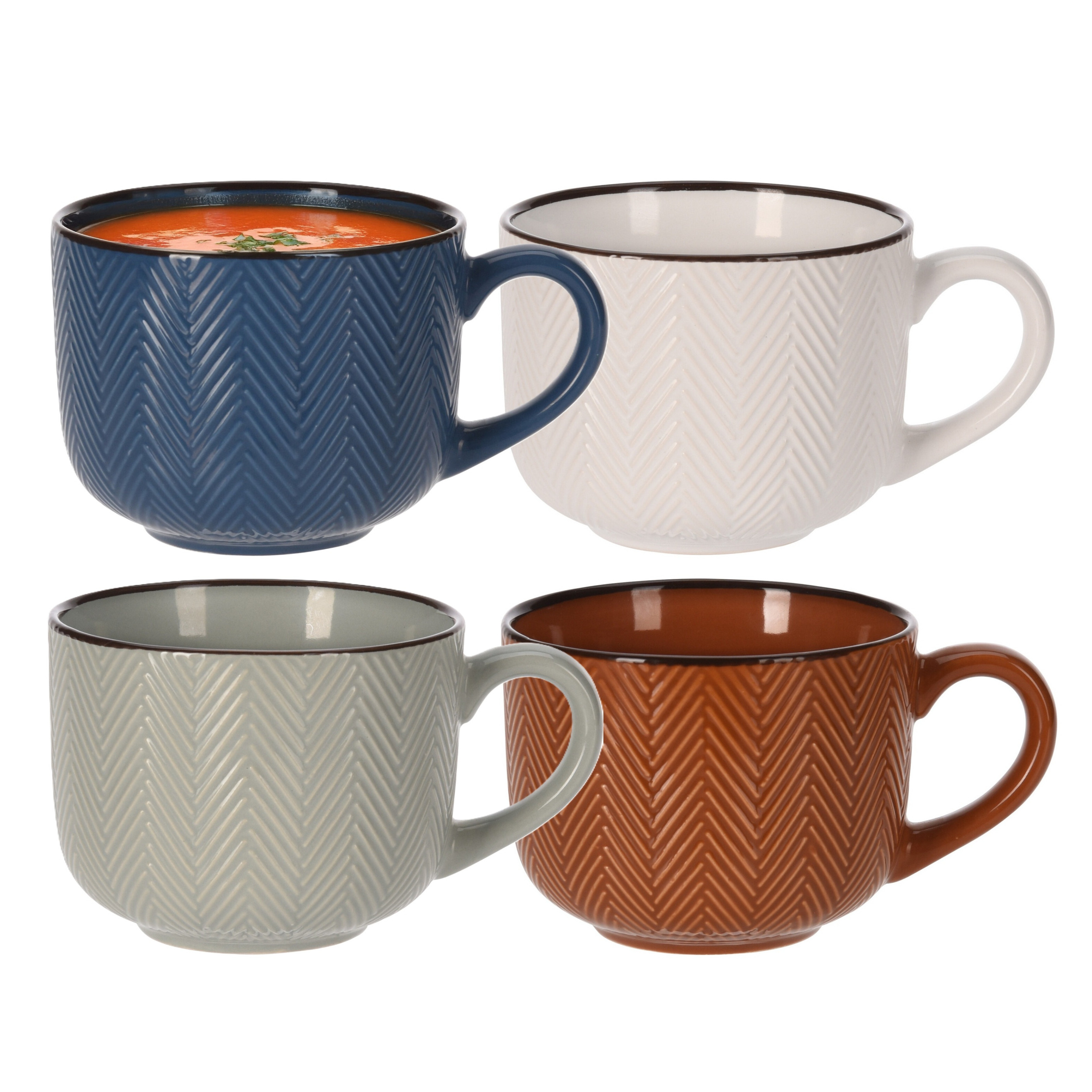 Siaki Soepkommen Fishbone - 4x stuks - met oor - 12 x 9 cm - 560 ml - keramiek -