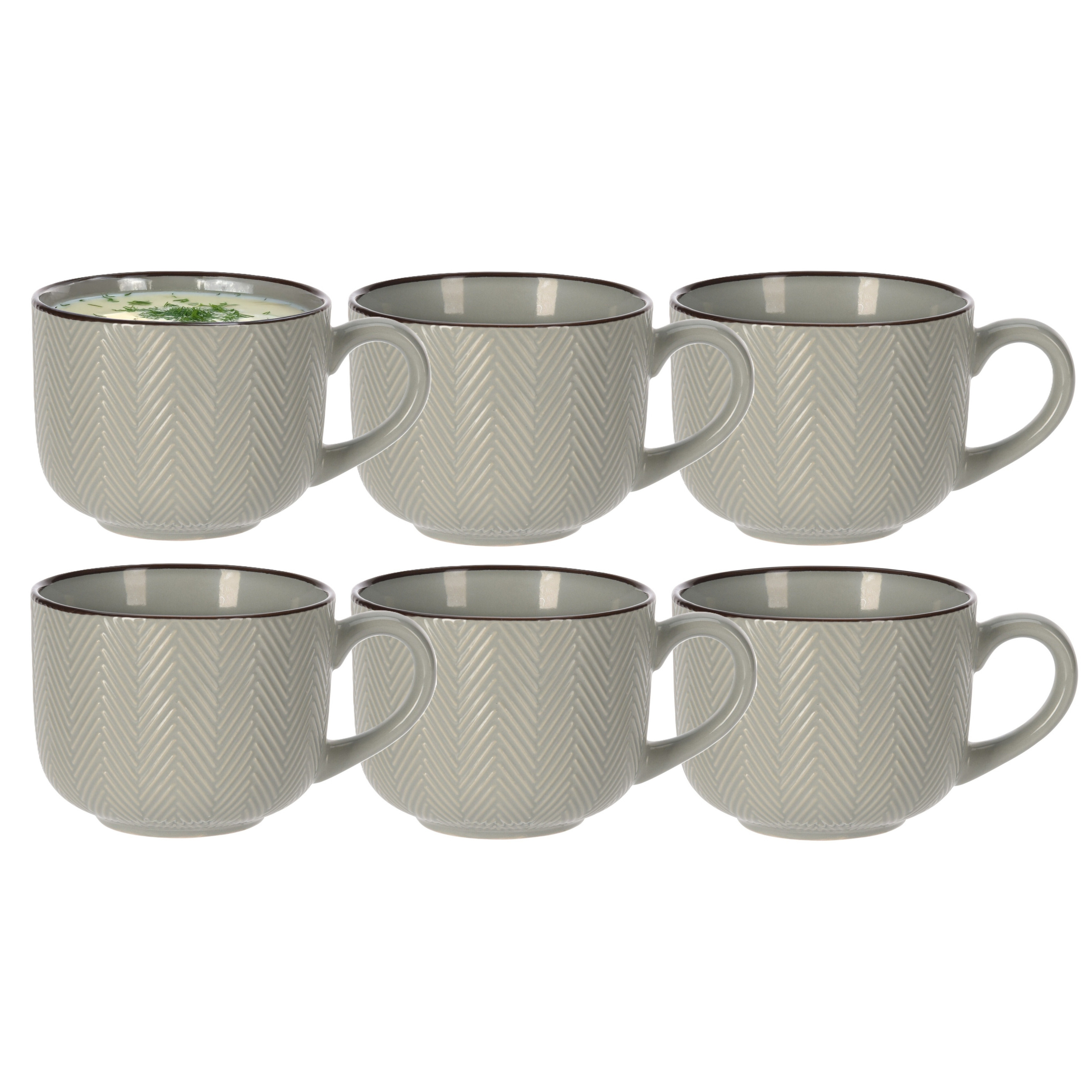 Siaki Soepkom Fishbone - 6x - lichtgroen - 12 x 9 cm - keramiek - kommetjes met oor - 560 ml -