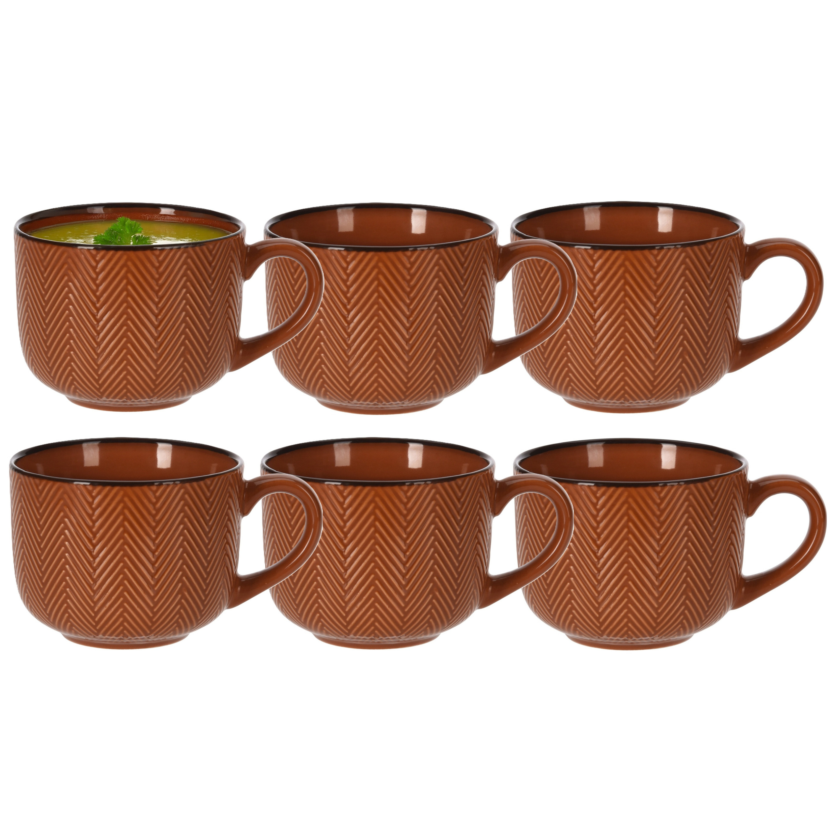 Siaki Soepkom Fishbone - 6x - terra - 12 x 9 cm - keramiek - kommetjes met oor - 560 ml -