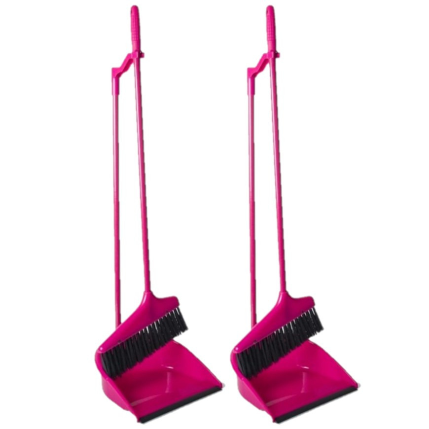 Gerimport Set van 2x stuks kunststof stoffer en blik met lange steel 24 x 82 cm roze -