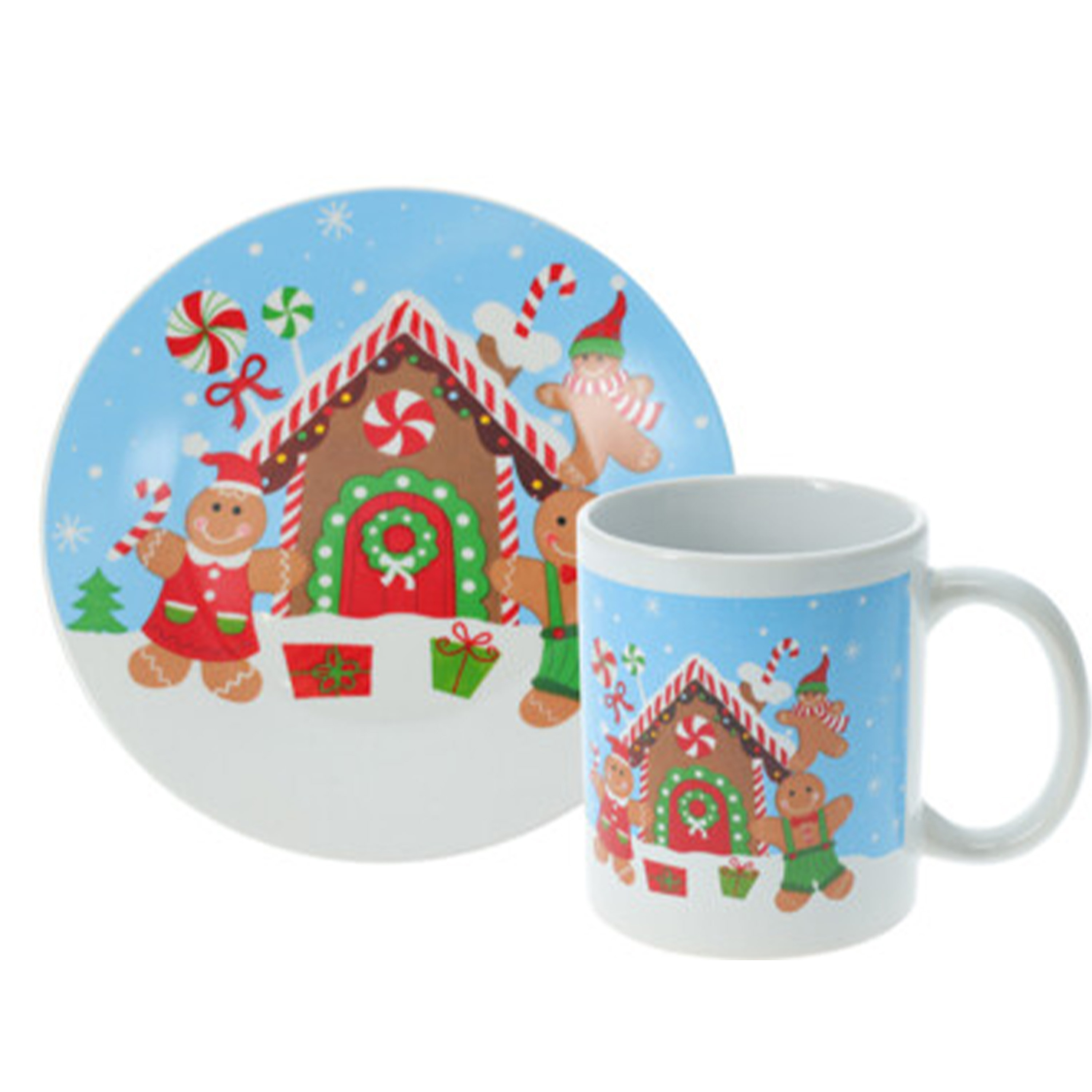 Siaki Kerst servies setje - bordjes, beker - 2dlg - blauw met kersthuis -