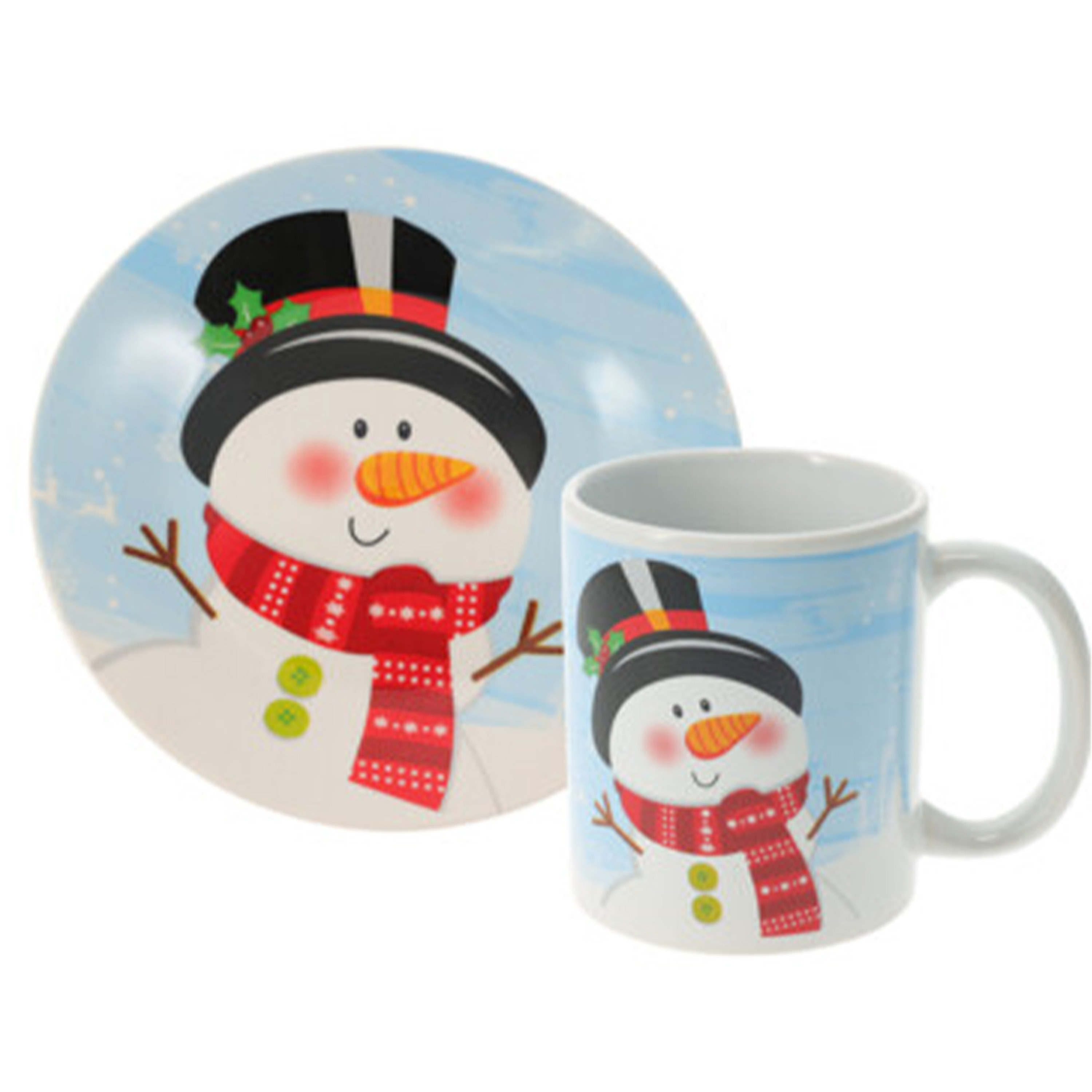 Siaki Kerst servies setje - bordjes, beker - 2dlg - wit met sneeuwpop -