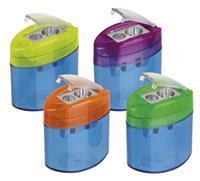 M+R potloodslijper Neo Light, 2-gaats, met reservoir, doos met 10 stuks in geassorteerde kleuren