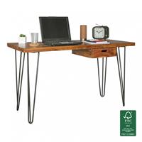 WOHNLING Schreibtisch BAGLI 130 x 60 x 76 cm Massivholz Laptoptisch Sheesham Landhausstil Arbeitstisch Tisch braun
