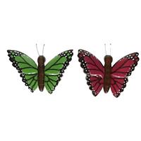 2x Houten dieren magneten groene en roze vlinder