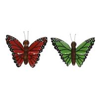 2x Houten magneten vlinders rood en groen