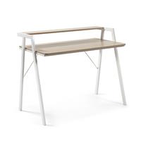 kavehome Schreibtisch Aarhum 110 x 60 cm mit Oberfläche aus Stahl in Holz-Effekt, Gestell aus Stahl in weiβ und Aufbewahrungsfach - Kave Home