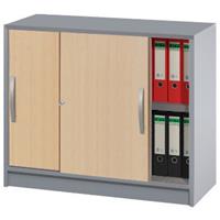 TINO - Schuifdeurkast, 1 legbord, 2 ordnerhoogtes, kastframe blank aluminiumkleurig, deurkleur beukenhoutdecor