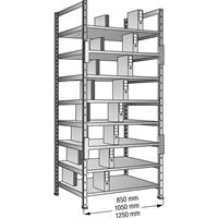 Ordner- en archief-inhaakstelling, verzinkt, hoogte 3000 mm, dubbelzijdig, legbord-b x d = 1200 x 600 mm, basisstelling