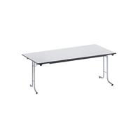 Inklapbare tafel, met afgeronde randen, tafelpoten van staalbuis, bladvorm rechthoekig, 1600 x 700 mm, frame aluminiumkleurig, blad lichtgrijs