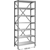 Inhaakstelling, verzinkt, 7 legborden, hoogte 3000 mm, legbordbreedte 1200 mm, diepte 500 mm, basisstelling