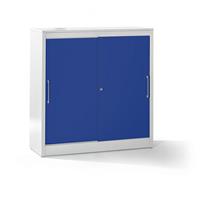 mauser Schuifdeurkast, bijzetkast met 2 legborden, h x b x d = 1240 x 1200 x 420 mm, lichtgrijs / ultramarijnblauw