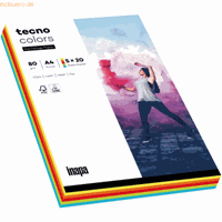 Inapa Gekleurd kopieerpapier tecno kleuren, DIN A4, 80 g/m², intensief, 5 x 20 vellen in kleur gesorteerd, 1 pakje = 100 vellen