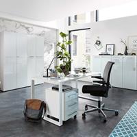LOMADOX Büro-Möbel Set mit weißen Glasfronten & Auflagen MONTERO-01 komplett inkl. Schreibtisch und Rollcontainer BxHxT 320x196x37cm