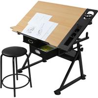 MIADOMODO Zeichentisch mit Hocker - Tischplatte stufenlos neigbar, 2 Schubladen/Arbeitsflächen, Holzoptik Schwarz - Schreibtisch, Bürotisch,
