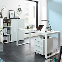 LOMADOX Büromöbel Set in weiß MONTERO-01 mit Glasfronten & Schreibtisch mit Glasplatte