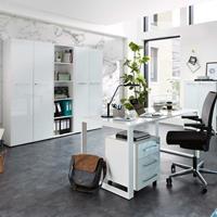 LOMADOX Design Büromöbel Set mit weißen Glasfronten MONTERO-01 Design Schreibtisch mit Glasplatte