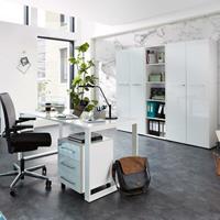LOMADOX Büromöbel Set mit weißen Glasfronten MONTERO-01 Design Schreibtisch mit Glasplatte