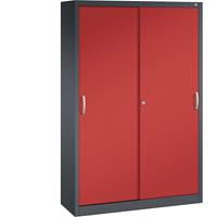 C+P ACURADO schuifdeurkast, 3 legborden, 2 lockers, h x b x d = 1950 x 1200 x 400 mm, zwartgrijs/vuurrood