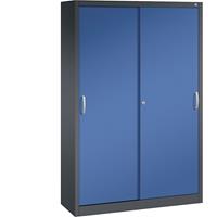 C+P ACURADO schuifdeurkast, 3 legborden, 2 lockers, h x b x d = 1950 x 1200 x 400 mm, zwartgrijs/gentiaanblauw