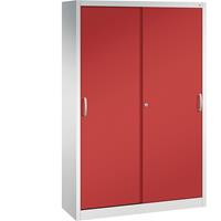 C+P ACURADO schuifdeurkast, 3 legborden, 2 lockers, h x b x d = 1950 x 1200 x 400 mm, lichtgrijs/vuurrood