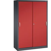 C+P ACURADO schuifdeurkast, 3 legborden, 2 lockers, h x b x d = 1950 x 1200 x 500 mm, zwartgrijs/vuurrood